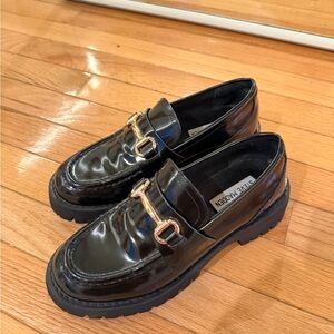 Steve Madden Black Patent Loafers with Gold Horsebit